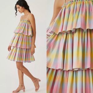 Anthropologie Beatrice B Rainbow Tiered Mini Dress Pleated Square Neck